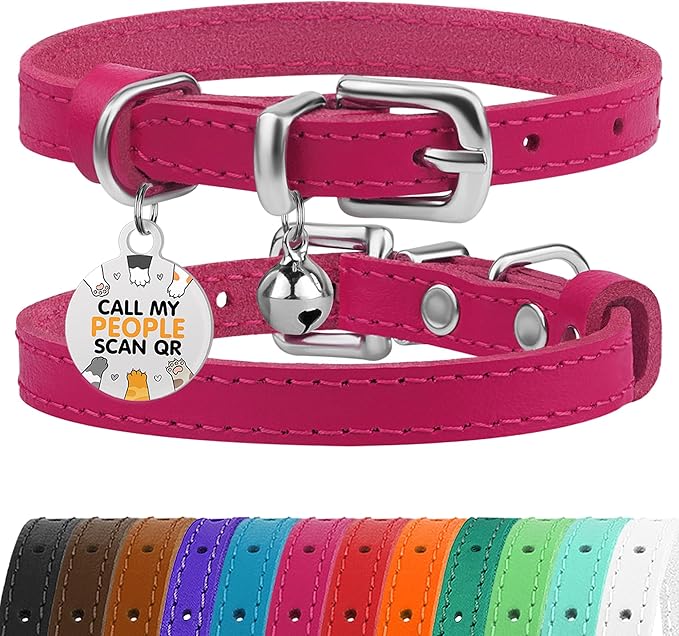 BRONZEDOG Leather Cat Collar with Removable Bells Non Breakaway Kitten QR Tag for Girl Boy (Pink & Silver, 9-12 inch)-Mewly Pet