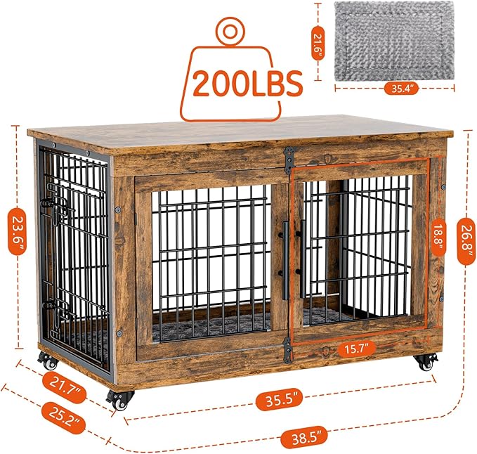 Lulive Dog Crate Furniture Set of 2, Dog Kennel Indoor Double Doors Wooden Dog Cage, 38'' Heavy Duty Dog Crate with Cushion & Wheels, End Table Pet House Chew-Resistant Up to 70 lb, Rustic Brown-Mewly Pet