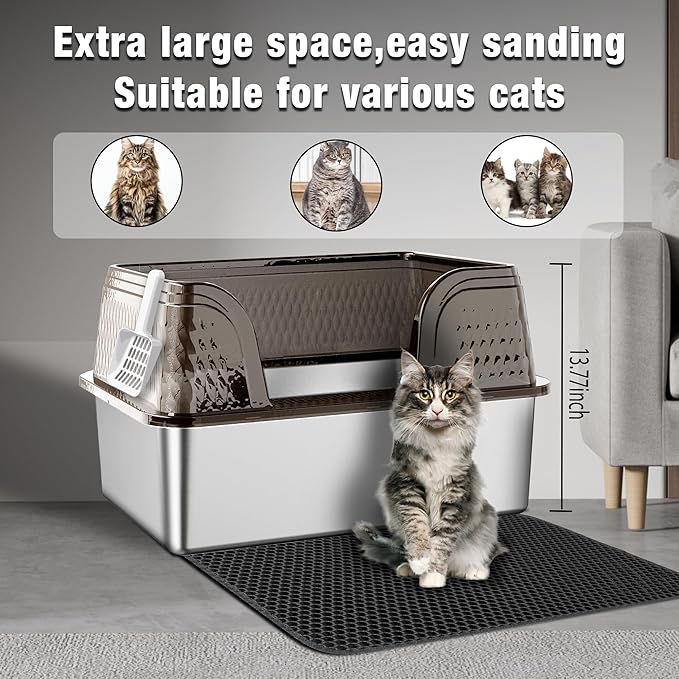 Suhaco Extra Large Stainless Steel Litter Box with Lid XXXL High Sided Cat Litter Boxes Included Litter Mat & Litter Scoop Anti-Urine Leakage Metal Pet Toilet for Big Cats (Black XXXL)-Mewly Pet