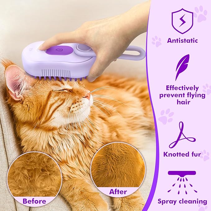 Cat Steam Brush,4 in 1 Rechargeable Pet Steam Brush for Cats and Dog,Anti-Static Cat Spray Brushes, Massage, Cleaning, Shedding and Combing for Long and Short Hair Cats and Dogs-Mewly Pet