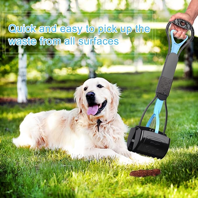 PPOGOO Non-Breakable Pooper Scooper for Large Medium Small Dogs with 24.3inch Long Handle High Strength Material Durable Spring, Easy Grass and Gravel Pick Up-Mewly Pet