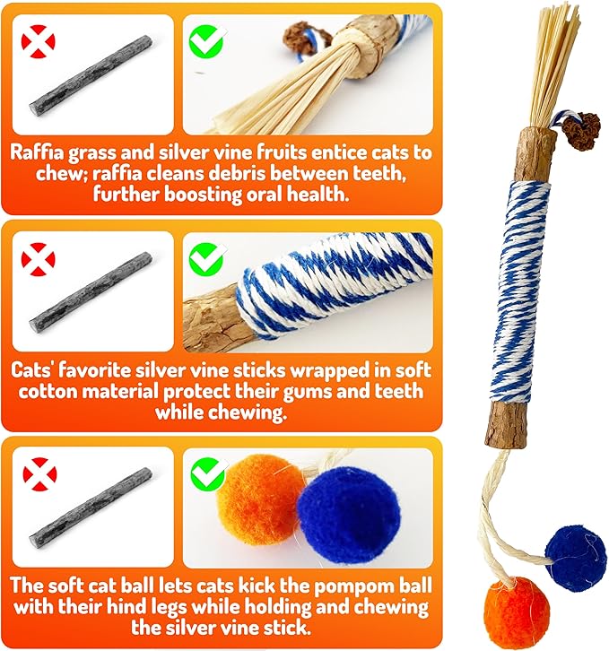 Catnip 6PCS Chew Stick with Wrapped Cotton Rope – Natural Dental Care Cat Toy for Teeth Cleaning & Gum Health, Satisfies Chewing Instincts, Safe & Long-Lasting Kitten Teething Toy-Mewly Pet