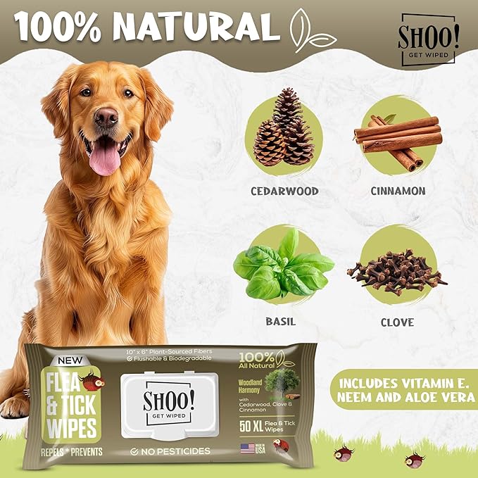 Shoo! Flea & Tick Wipes for Dogs | Convenient, Easy On-The-Go Protection | Plant Based, Natural Oils, Chemical Free | Repels & Prevents | 50 XL Wipes | (Woodland Harmony)-Mewly Pet