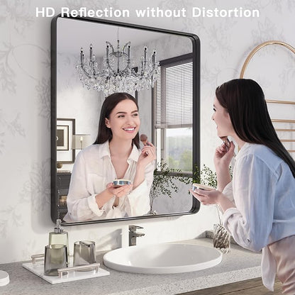 ISKM Black Framed Mirror for Wall 20"x 16", Bathroom Vanity Mirror Anti-Rust, Tempered Glass, Rounded Rectangle Mirror(Horizontal/Vertical)