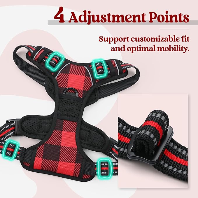 rabbitgoo Dog Harness No Pull with 2 Leash Clips, Adjustable Soft Padded, Reflective Oxford No Choke Pet Vest with Easy Control Handle for Large Dogs, Red Plaid, XL-Mewly Pet