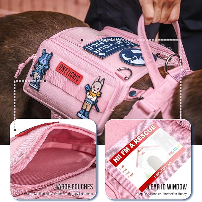 OneTigris Service Dog Vest Harness, Service Dog Cape Guardian Dog Backpack Harness with Pouches Dog Saddle Bag for Small Medium and Large Dogs (Pink, Large)-Mewly Pet