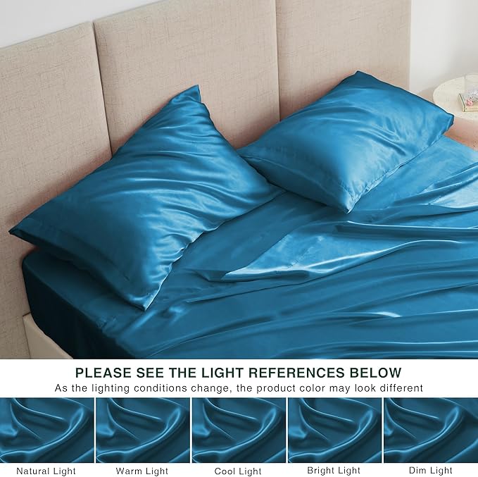 Love's cabin Satin Queen Sheets Set - 4 Piece Teal Silky Bed Sheets with Deep Pocket, Luxury Silk Feel Satin Queen Size Sheet Set (1 Flat Sheet,1 Fitted Sheet,2 Pillow Cases)