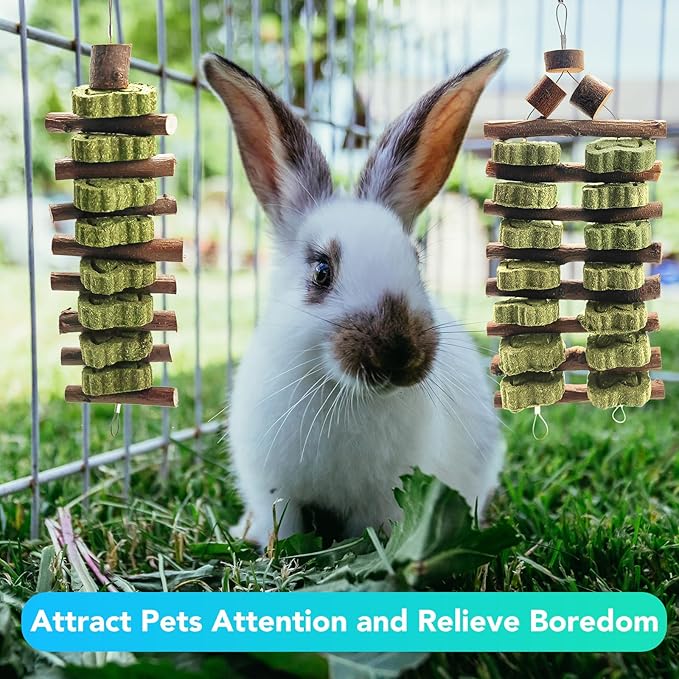 WDEFUN Natural Peach Wood Clover Cake Teeth Grinding Toy String - Rabbit Snack Chewing Toy, Safe and Durable Pet Teeth Grinding Rod, Caring for Dental Health-Mewly Pet