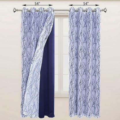 BONZER Mix and Match Curtains - 2 Pieces Branch Print Sheer Curtains and 2 Pieces Blackout Curtains for Bedroom Living Room Grommet Window Drapes, 54x95 Inch/Panel, Indigo, Set of 4 Panels