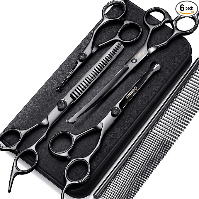 Gimars 7inch Professional 4CR Stainless Steel 6 in 1 Grooming Scissors for Dogs with Safety Round Tip, Heavy Duty Titanium Coated Pet Grooming Scissor for Dogs, Cats and Other Animals-Mewly Pet