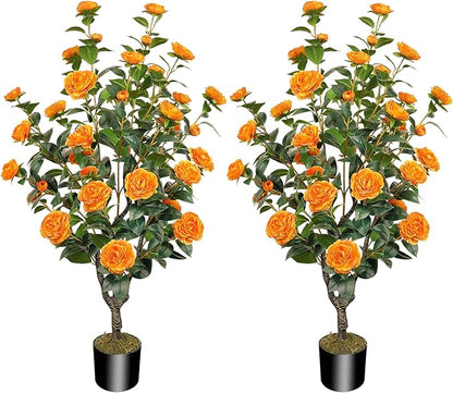 2 Pack 43.3"/3.6FT Artificial Tree with Camellia Flowers Fake Tree with 32 Blooming Flowers Orange Tree for Spring Home Front Door Outdoor Indoor Decor (Including Dried Moss)