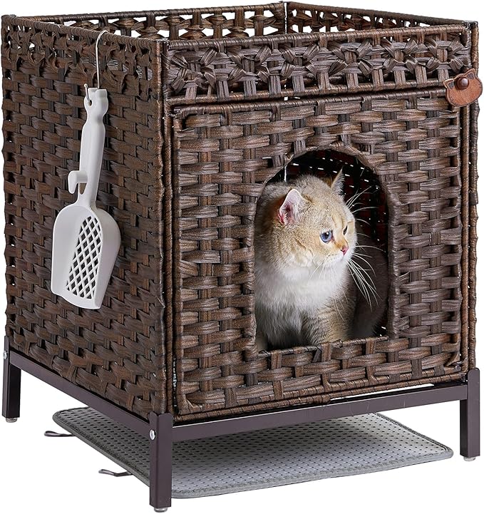Cat Litter Box Enclosure Hidden Litter Box Furniture with Metal Heightened Feet, Rattan Handwoven Cat House with Litter Mat, Hidden Litter Box Furniture for Bedroom Living Room Brown-Mewly Pet