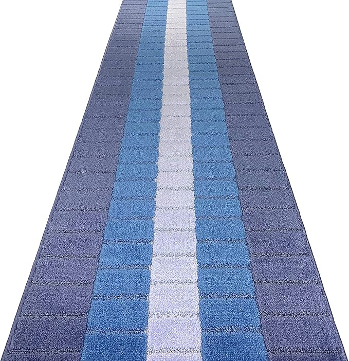 Custom Size Coastal Nautical Style Runner Rug Carpet for Hallway Entryway, Slip Resistant Latex Rubber Backed, 31 inch Wide X Customized Length, Squares Blue, 31 inch X 20 feet