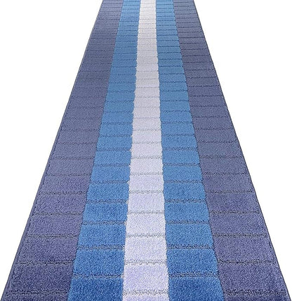 Custom Size Coastal Nautical Style Runner Rug Carpet for Hallway Entryway, Slip Resistant Latex Rubber Backed, 31 inch Wide X Customized Length, Squares Blue, 31 inch X 20 feet