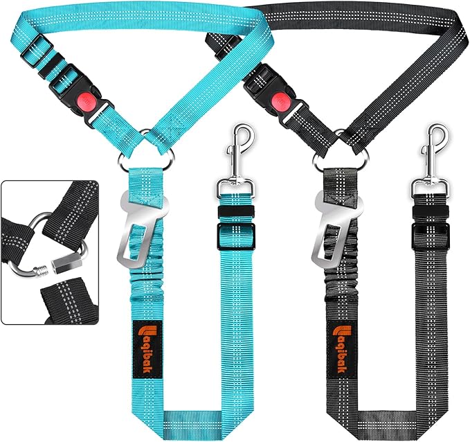 Removable Dog Seat Belt Harness for Car, 3 in 1 Pet Dog Car Seatbelt Leash, Retractable Restraint Secures to Vehicle Headrest & Adjustable Reflective Bungee Dog Seatbelt Tether, Blue and Black-Mewly Pet