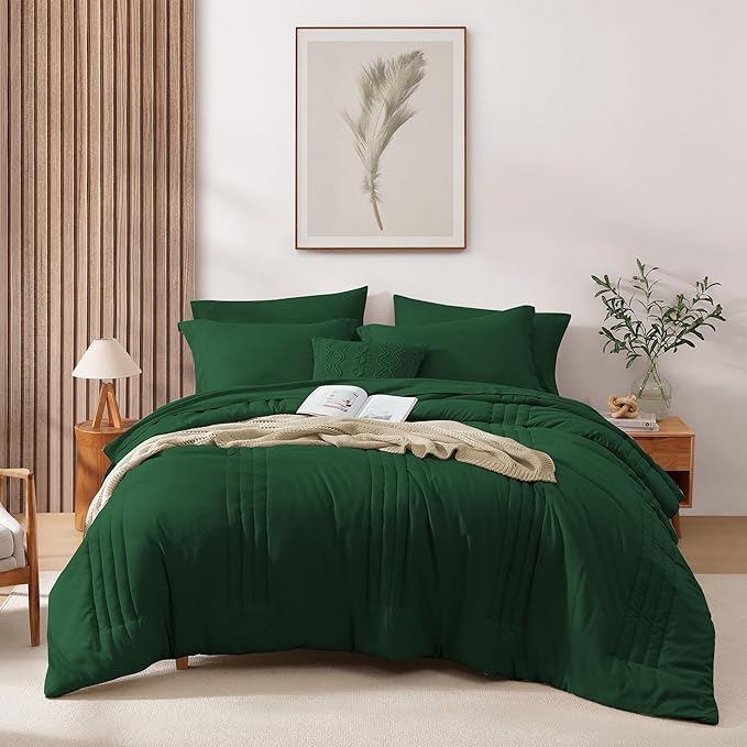 Monbix King Size Comforter Set - 7 Pieces Bed in a Bag King, Emerald Green Bedding Sets with Comforter, All Seasons Down Alternative Comforter Bed Set with Sheets, Pillowcases & Shams