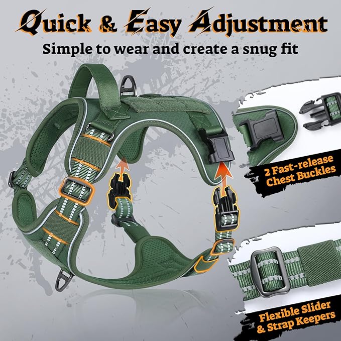 rabbitgoo Dog Harness for Large Dogs No Pull, Tactical Service Pet Vest with Molle and Control Handle, Adjustable and Reflective Military Harness for Easy Walking and Training, Green, L-Mewly Pet