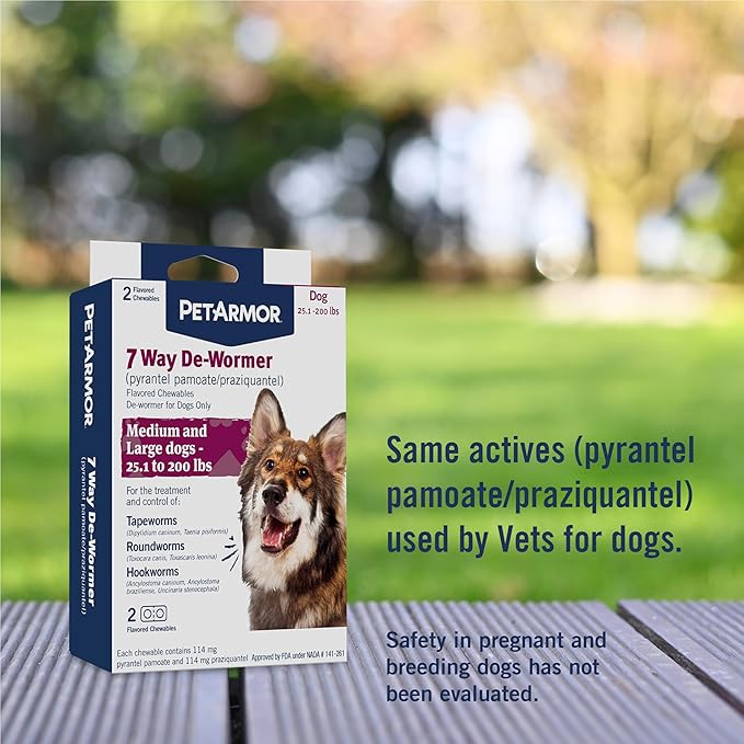 PetArmor 7 Way De-Wormer for Dogs, Oral Treatment for Tapeworm, Roundworm & Hookworm in Large Dogs & Puppies (Over 25 lbs), Worm Remover (Praziquantel & Pyrantel Pamoate), 2 Flavored Chewables-Mewly Pet