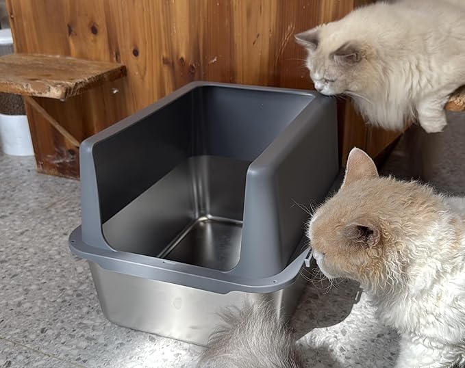 Litter Box with Lid, Stainless Steel Litter Box, 12" Metal Litter Pan High Sides, Small Litter Tray for Kittens, Cat Litter Tray Covered Grey, Easy Clean-Mewly Pet