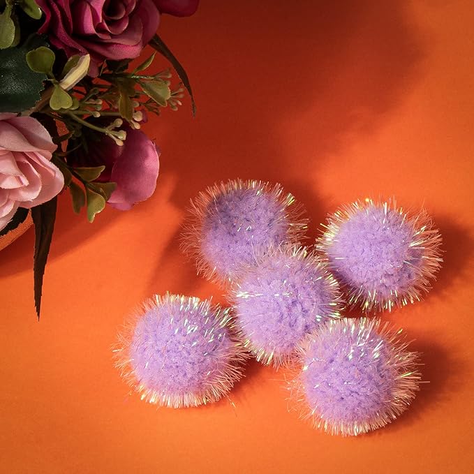 VAPKER 30 Pcs Cat Ball Toys Sparkle Balls Extra Large 2 Inch Cat's Favorite Chase Glitter Ball Glitter Tinsel Pom Poms Balls Purple Color-Mewly Pet
