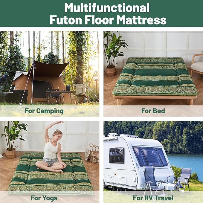 Japanese Floor Mattress, Futon Mattress with Portable Storage Bag and Washable Cover, Roll Up Thick Tatami Mat Suitable for Camping, Guest Room (Bohemian Green, Twin)