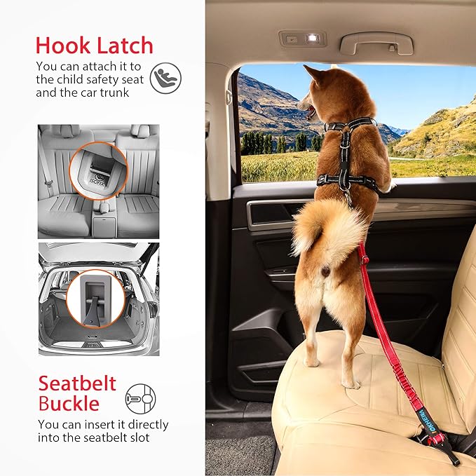 IOKHEIRA Dog Seatbelt, Updated Dog Seat Belt, Reflective Bungee Dog Car Harness, Multifunctional Pet Safety Belt with Hook Latch & Seatbelt Buckle, Swivel Aluminum Carabiner, Red-Mewly Pet