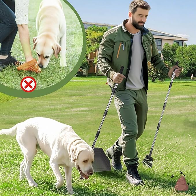 T2Y Pooper Scooper, Extra Long Handle Dog Pooper Scooper, Adjustable Stainless Steel Rake & Spade & Extra Large Tray, Durable Poop Scoopers for Yard, Lawn, Snowfield, Suitable for Multi-Dog Family-Mewly Pet