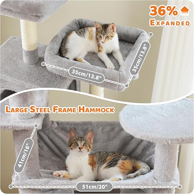 PAWZ Road Heavy Duty Cat Tree for Large Cats, 81 Inches Tall Cat Tower with 2 Perches, 2 Condos and Spacious Hammock, XL Extra Large Condo with 7 Scratching Posts for 20lb+ Adult Cats,Gray-Mewly Pet