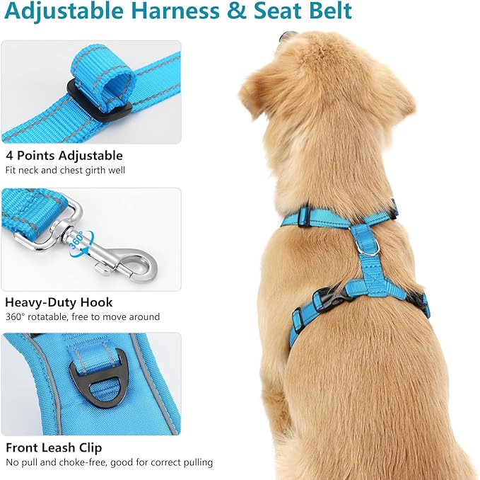Dog Seat Belt Harness for Car, Dog Car Harness Adjustable Mesh Breathable & Dogs Seatbelt Safety Tether with Elastic Bungee for Small Medium Large Pets(Blue, XL)-Mewly Pet