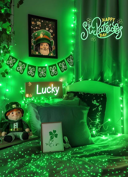 St. Patrick Mini Christmas Lights, 39 Feet 100 LED Fairy String Lights with 8 Lighting Modes, Waterproof Connectable for Indoor Outdoor Xmas Tree Garland Wreath Holiday Decoration, Green