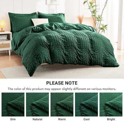 HYMOKEGE Emerald Green Full Size Comforter Sets Seersucker 7 Pieces, All Season Luxury Bed in a Bag for Bedroom, Bedding Set with Comforter, Sheets, Pillowcases & Shams