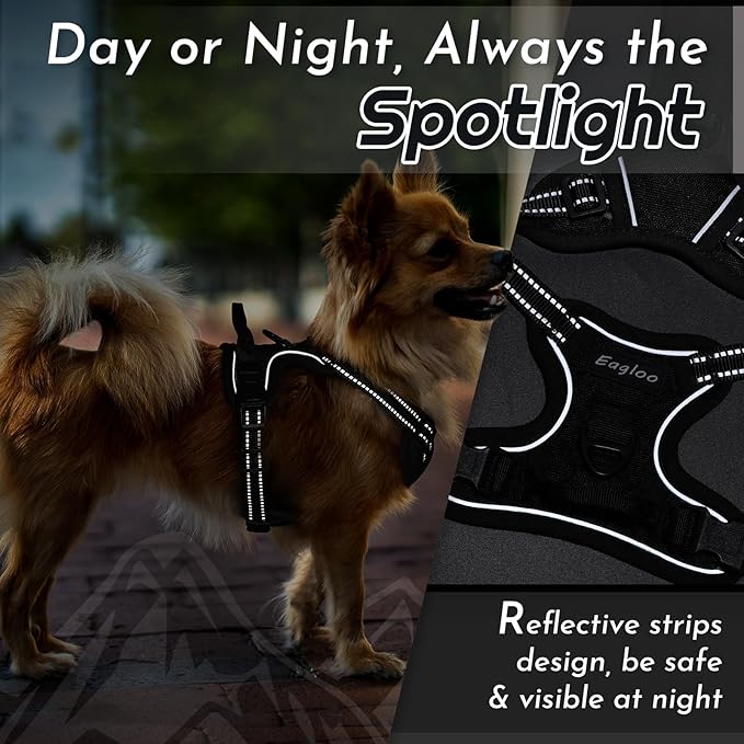 Eagloo Small Dog Harness No Pull, Service Vest with Reflective Strips and Control Handle, Adjustable and Comfortable for Easy Walking, No Choke Pet Harness with 2 Metal Rings, Black, XS-Mewly Pet