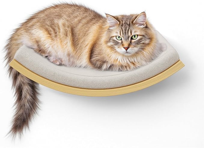 Cat Wall Shelf with Curved Hammock Bed, Wall Mounted Cat Perch with Beige Soft Foam Cushion, Floating Wall Furniture for Climbing, Sleeping & Lounging-Mewly Pet