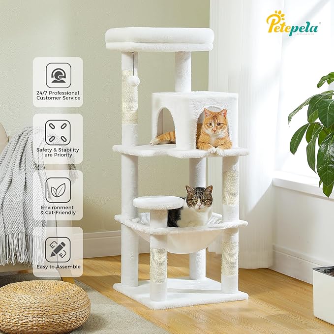 PETEPELA 45.7" Cat Tree for Large Cats, 5-Level Cat Tower for Indoor Cats with Large Hammock (17.3"x15.3"), Cat Condo with (18.5"x13") Big Top Perch & 4 Sisal Covered Scratching Post, White-Mewly Pet