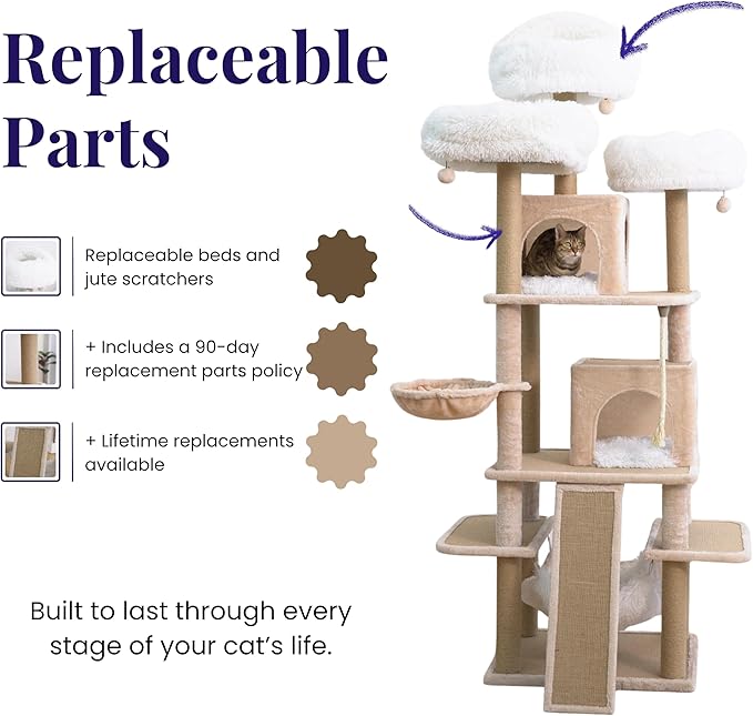 Catry 74.5" High 7-Level Extra Large Cat Tree with 2 Condos,2 Hammock,3 Washable Top Beds, Scratching Ramp Pad, Replaceable Scratching Posts, for Multi-Cat Homes (Light Brown &White)-Mewly Pet
