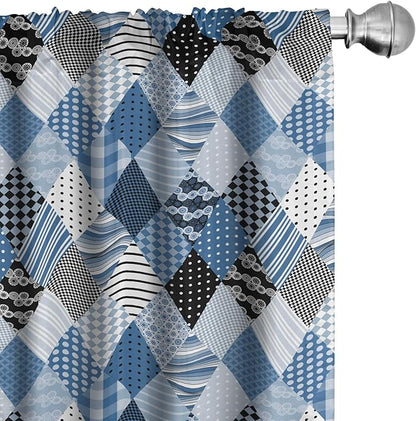 Ambesonne Geometric Window Curtains, Geometrical Diamond Shaped Lines with Various Nostalgic Fashioned Old Pattern, Decorative Panels Set of 2 with Rod Pocket, Pair of - 28" x 95", Black Blue