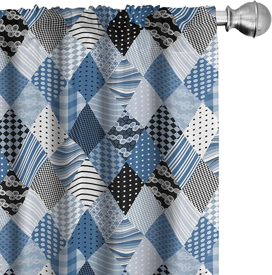 Ambesonne Geometric Window Curtains, Geometrical Diamond Shaped Lines with Various Nostalgic Fashioned Old Pattern, Decorative Panels Set of 2 with Rod Pocket, Pair of - 28" x 95", Black Blue