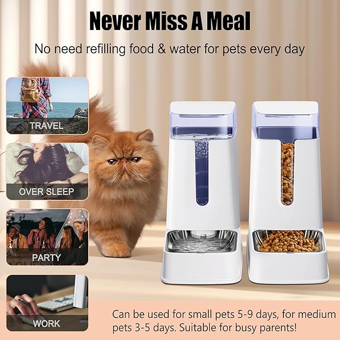 Automatic Cat Feeder and Cat Water Dispenser Set with Stainless Steel Bowls Gravity Dog Feeder for Small Medium Big Dog Pets Puppy Kitten, 3.8L x 2-Mewly Pet