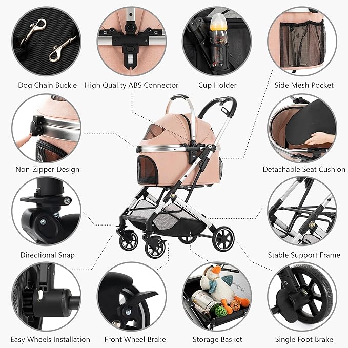 Kenyone 3-in-1 Pet Stroller for Small Medium Dogs Puppy Cat Stroller with Detachable Carrier & Pad Lightweight Foldable Aluminum Alloy Frame Dual No-Zip Entry(Pink)-Mewly Pet