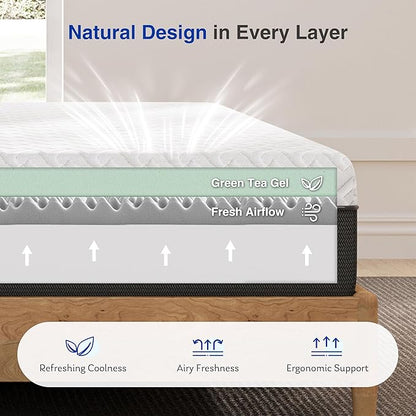 12 Inch Green Tea Memory Foam Mattress, Full Size Mattress in a Box, Gel Infused Foam for Pressure Relief and Cool Sleep, CertiPUR-US Certified, Medium Firm