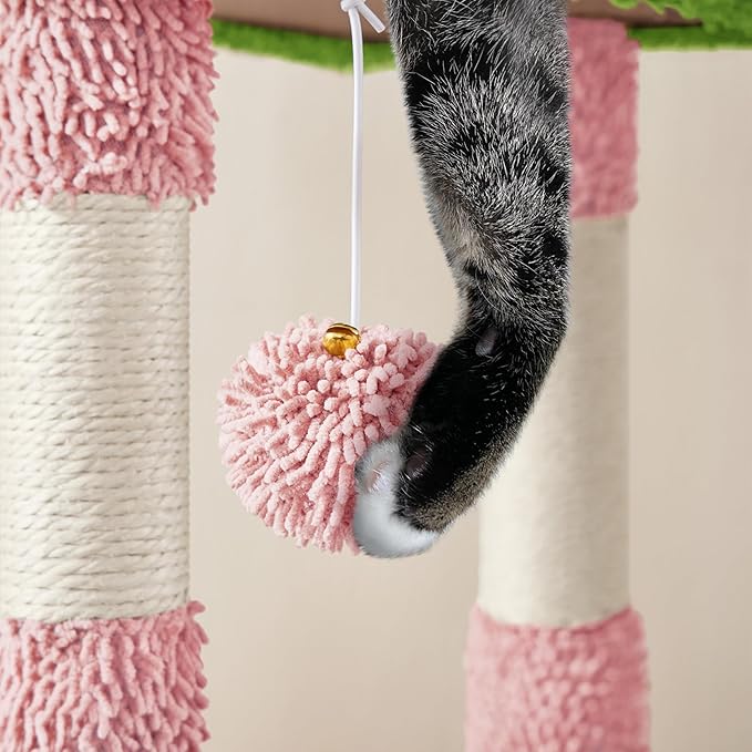 Yaheetech Cactus Cat Tree, 42in Cat Tower for Indoor Cats, Multi Level Kitten Condo Scratching Post, Pet Activity Center Furniture w/Ball, Plush Perch, Platform, Basket, Pink/Green-Mewly Pet