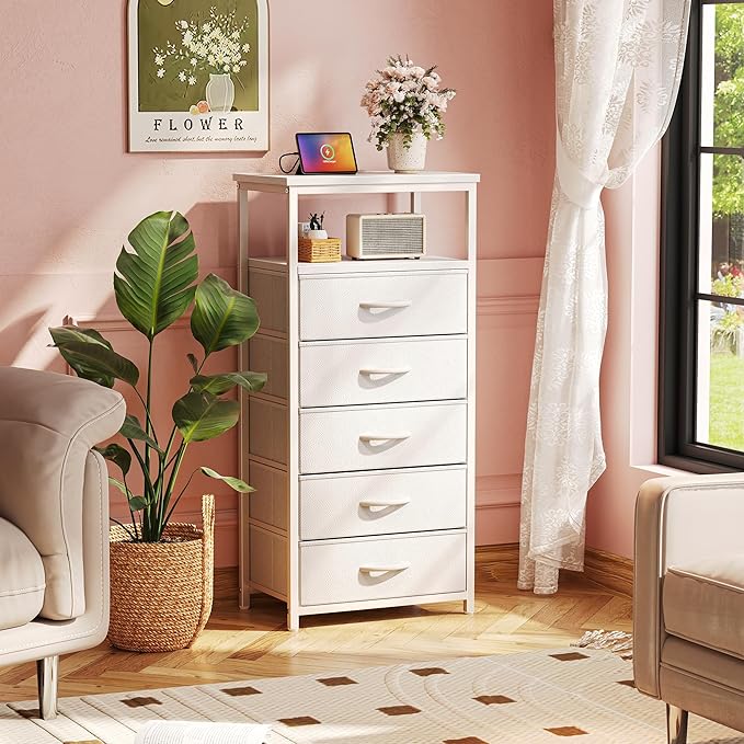 Huuger White Dresser with 5 Drawers & Charging Station, Tall Dresser for Bedroom, Tall Night Stand with PU Leather Finish, Open Shelf, Nightstand for Bedroom, Closet, Hallway, Entryway