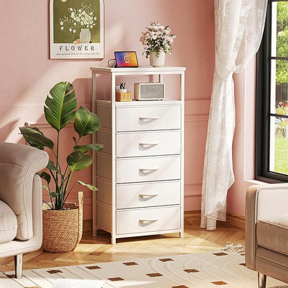 Huuger White Dresser with 5 Drawers & Charging Station, Tall Dresser for Bedroom, Tall Night Stand with PU Leather Finish, Open Shelf, Nightstand for Bedroom, Closet, Hallway, Entryway