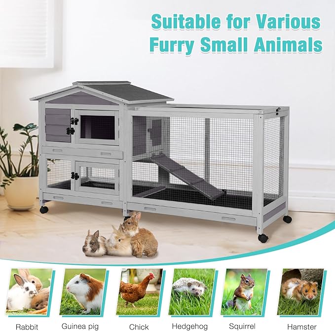 62" Rabbit Hutch with Chew-Proof Ramp & Waterproof Roof - Indoor/Outdoor Bunny Cage, 2-Story Design, 6 Lockable Caster Wheels & Dual Pull-Out Trays (Grey)-Mewly Pet