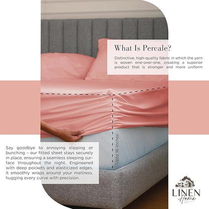 Linen Home 100% Cotton Percale Sheets California King Size, English Rose, Deep Pocket, 4 Pieces Set - 1 Flat, 1 Deep Pocket Fitted Sheet and 2 Pillowcases, Crisp Cool and Strong Bed Linen