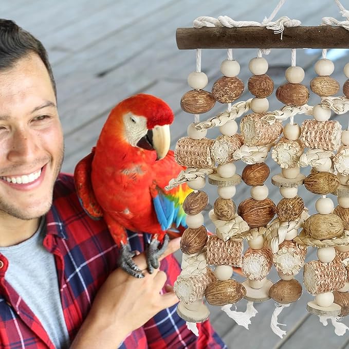 PINVNBY Large Parrot Toys Natural Nuts Corn Cob Wooden Chewing Tearing Toy for African Grey Macaws Amazon Cockatoos Eclectus Conures Cockatiels Cockatoo and Large Medium Birds (Natural)-Mewly Pet