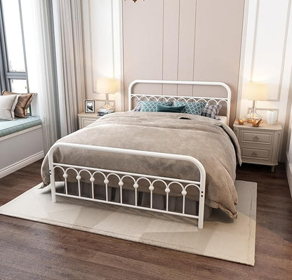 YALAXON Vintage Sturdy Queen Size Metal Bed Frame with Headboard and Footboard Basic Bed Frame No Box Spring Needed (Queen,White)