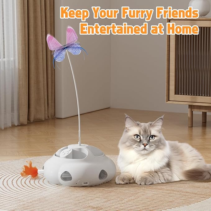 Interactive Cat Toys for Indoor Cats, 4in1 Pet Teaser Toy with Ambush Feather Wand, Motorized Fluttering Butterfly and Slow Feeder, Rechargeable Power Treat Puzzle Toys(White)-Mewly Pet