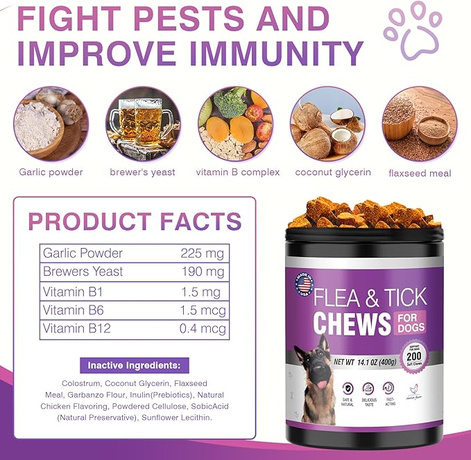 Dog Flea and Tick Treatment Chewable 200 Treatment Chews Natural Soft Chew Fleas Ticks Treatment Dog Oral Chewables Support Supplement Pest Defense Breeds and Ages Dogs Chicken Flavor-Mewly Pet