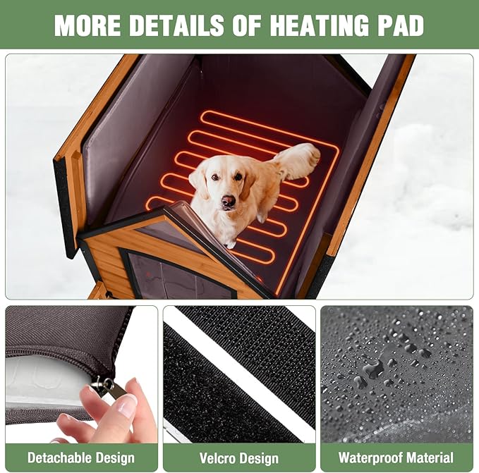 Heated Dog House Outdoor with Insulated Liner in Winter, Weatherproof Puppy Kennel with Anti-Chewing Metal Frame, Dog Shelter for Large, Medium and Small Dogs (Brown, 50.9'' Large)-Mewly Pet